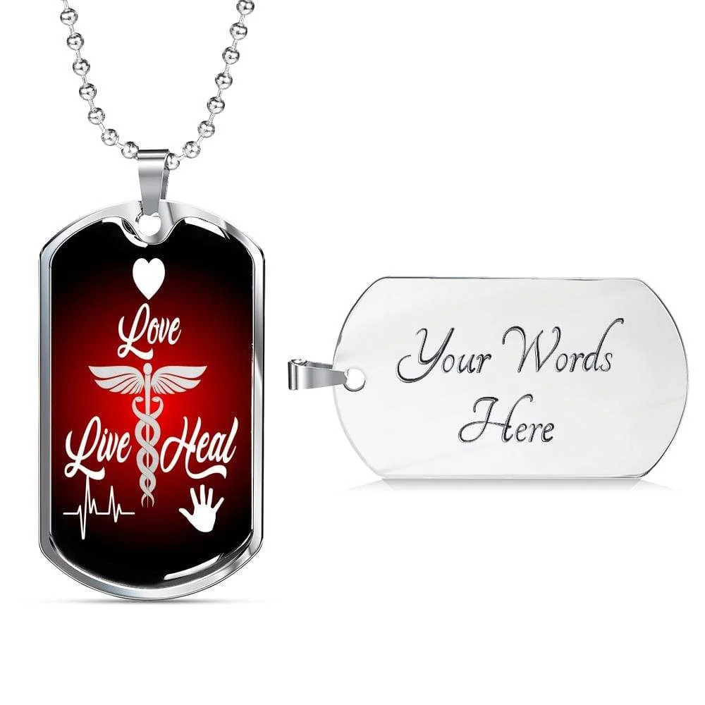 Live Love Heal Nurse Personalized Engraved Silver Dog Tag Necklace Custom Name